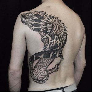 Chameleon tattoo by Eric Stricker #EricStricker #monochrome #dotwork #blackwork #geometric #chameleon