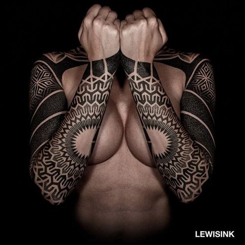 Beautiful geometric sleeves by Lewisink #Lewisink #geometric #dotwork #blackwork #tattoooftheday