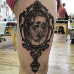 Broken Mirror Lady Tattoo by Jonathan Love @Jonald_Juck #JonathanLove #Black #Blackwork #Oddtattoos #Blackworkers #EODTattoo #Denver #Brokenmirror #Mirrortattoo #ladytattoo