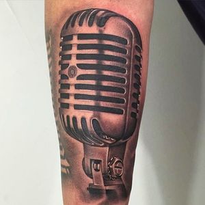 Stunning microphone tattoo by Nate Graves. #NateGraves #Sacred #michigan #blackandgrey #realistic #microphone