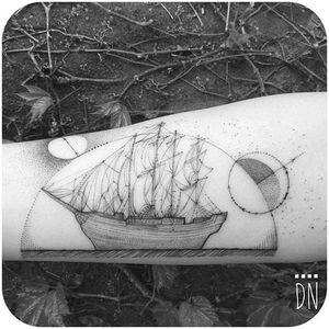 Micro ship tattoo by Dinonemec @dinonemec #tattoodo #micro #ship #fineline #dotwork #dinonemec