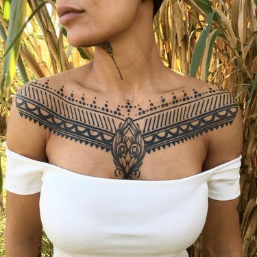 Tribal tattoo by Melow Perez #MelowPerez #tribaltattoos #chestpiece #blackwork #linework #collar #geometric #pattern #shapes #blackfill #tribal #primitive #floral #dotwork #abstract #tattoooftheday