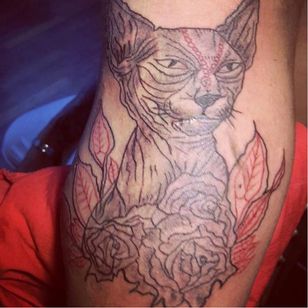 Tatuajes divertidos: ejemplo perfecto del estilo neotradicional # tatuajes divertidos #fallo # malo # gato #rosa