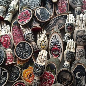 Wooden hands and wood slices by Kirsten Roodbergen (via IG-inkspired) #woodslices #woodenhands #tattooinspired #flashart #artshare #fineartist #KirstenRoodbergen