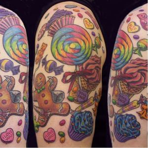 Candy has all the artificial colors of the rainbow #candytattoo #lollipop #sweet #cupcake #lovehearts #gingerbreadman