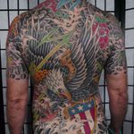 Traditional Japanese mashup by Matt Van Cura #MattVanCura #Japanese #traditional #mashup #backpiece #eagle #shield #America #waves #clouds #rose #lightning #wings #feathers #color #flowers #tattoooftheday