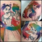 Disney princesses tattoo by Beau Redman. #BeauRedman #popculture #Disney #childhood #film #disneyprincess #rainbow #ariel #rapunzel #jasmine #aladdin #thelittlemermaid #tangled