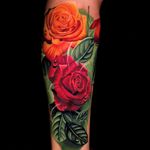 Realistic rose tattoo by Jose Guevara Morales #JoseGuevaraMorales #besttattoos #color #realism #realistic #hyperrealism #rose #flowers #leaves #nature #dewdrops #rosebud #tattoooftheday