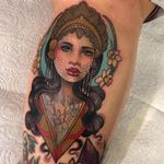 Lady tattoo by Hannah Flowers #HannahFlowers #ladytattoo #lady #color #neotraditional #portrait #crown #jewelry #daffodil #pattern #ornamental #eyes #lips #artdeco #tattoooftheday