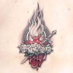 A hardcore sacred heart by Ryan Ashley Malarkey for Ink Master's "Coverup" challenge (IG—ryanashleymalarkey). #InkMaster #RyanAshleyMalarkey #sacredheart #traditional