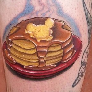 Pancakes and syrup with Mickey Mouse shaped butter. Tattoo by Peter Justice. #neotraditional #pancakes #syrup #butter #MickeyMouse #PeterJustice