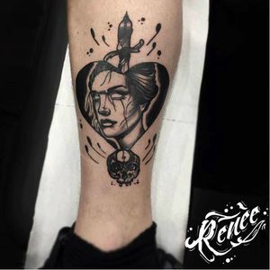 Black-work tattoo by Renée #Renée #blackwork #neotraditional #heart #skull #dagger (Photo: Facebook)
