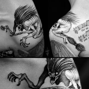 Witch creature tattoo by Sergei Titukh. #SergeiTitukh #blackwork #creepy #nightmare #creature #spooky #dark #witch #monster