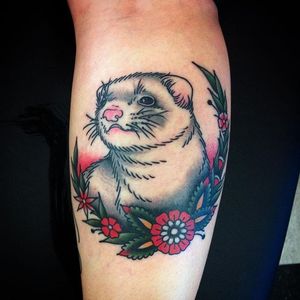 Ferret and flowers by @zuultattooer. #traditional #flowers #ferret #zuultattooer #animal #cute #critter #carnivore #creature #pet