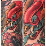 The red in this snake tattoo is so vibrant tattoo by David Tevenal #snake #colorwork #DavidTevenal #newschool