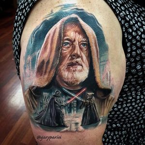 Obi Wan Kenobi aka Ben Kenobi portrait with an awesome detail tattoo of him and Darth Vader in a light saber duel. Tattoo by Gary Parisi. #GaryParisi #starwars #theforce #painterlystyle  #obiwankenobi