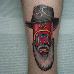 Bearded beer can memorial tattoo for an uncle. Tattoo by Myles Paten. #neotraditional #beer #beercan #hat #beard #memorial #tribute #MylesPaten