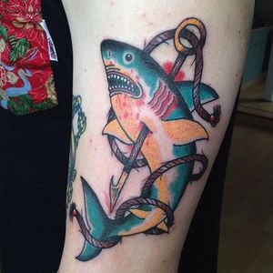 Harpooned Shark Tattoo by Julien Römer #harpoonedshark #shark #traditional #JulienRomer