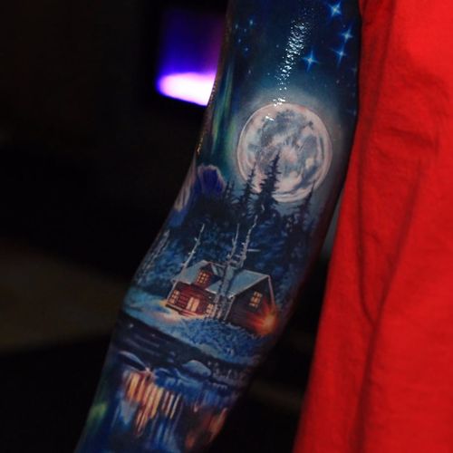 Heaven by Jesse Rix #JesseRix #realism #realistic #hyperrealism #color #sky #stars #night #auroraborealis #snow #cabin #lake #reflection #ice #forest #mountains #moon #light #tattoooftheday