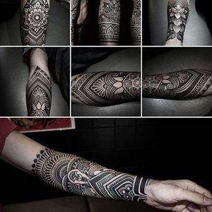 Incredibly bold ornamental half-sleeve by Alexis Calvie (Instagram @alexiscalvie). #AlexisCalvie #blackandgrey #dotwork #elaborate #geometric #halfsleeve #ornamental #stippling