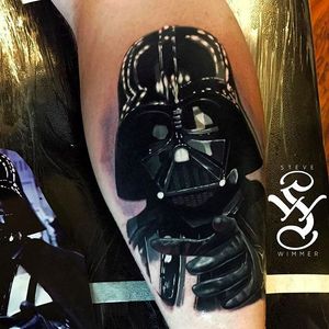 Incredibly sharp and smooth looking Darth Vader colored portrait by Steve Wimmer. #SteveWimmer #portraittattoo #realistic #darthvader #sith #darkside #starwars #coloredtattoo