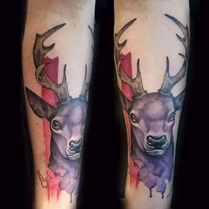 Purple watercolor deer by Nancy Tattooer. #watercolor #NancyTattooer #deer #animal #splatter