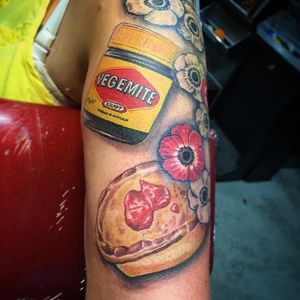 Vegemite and meat pie tattoos by Blake Blame. #realism #colorrealism #styledrealism #meatpie #australia #vegemite #jar #Australian #Australia #BlakeBlame