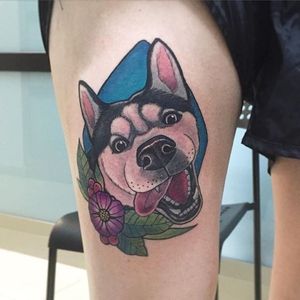 Cheeky husky tattoo by Elena Garcia. #neotraditional #flowers #dog #husky #ElenaGarcia