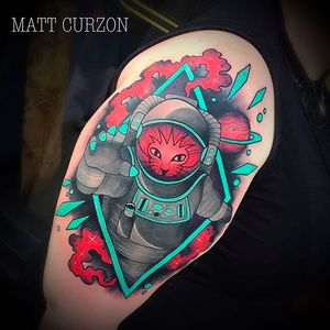 Out of this world space cat tattoo done by Matt Curzon. #mattcurzon #astronaut #catsronaut #neotraditional