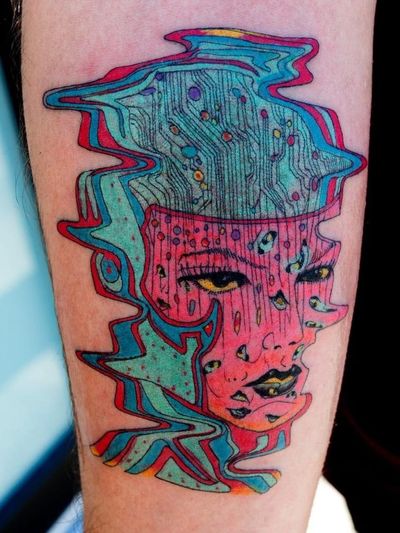 Cyber goddess. Tattoo by Julian Llouve #JulianLlouve #color #linework #illustrative #surreal #cyberpunk #circuitboard #eyes #bodies #rainbow