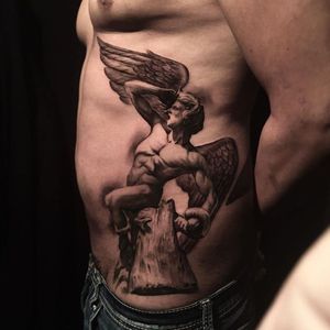 High contrast black and grey fallen angel tattoo by Miguel Camarillo. #blackandgrey #realism #MiguelCamarillo #angel #fallenangel