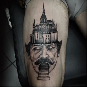 Fun castle head tattoo by Oked #Oked #blackwork #surrealistic #portrait #castle