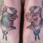 Ethan Chandler's take on the classic pig and rooster tattoo (IG—ethan_smt). #EthanChandler #pig #pigandrooster #rooster #traditional