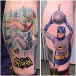 Two classic Batman/Adam West piece by David Corden (via IG -- tattoosnob) #DavidCorden #adamwest #batman #batmantattoo #robin