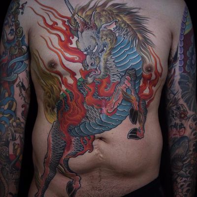 Japanese unicorn by Bill Canales #BillCanales #kirin #qilin #unicorn #Japanese #fire #scales #mythology #folklore #fairytales #cherryblossom #waves #flowers #tattoooftheday