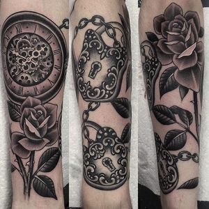 Pocket watch, locks, and roses by Tyler Pawelzik (via IG-black_casket) #ornate #blackandgrey #decorative #blackcaskettattoo #tylerpawelzik