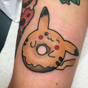 Donut tattoo by Christina Hock. #ChristinaHock #DolorosaTattooCo #donut #pikachu #pokemon