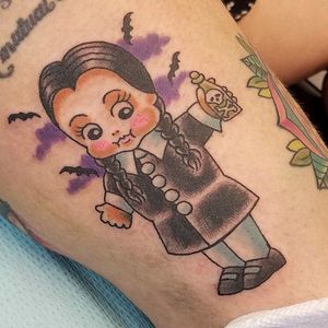 Wednesday Addams Kewpie tattoo by Rob Rutherford. #WednesdayAddams #addamsfamily #kewpie #cute #doll #baby #adorable