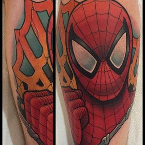 Spiderman is always a comic tattoo fave tattoo by David Tevenal on Instagram #comics #marvel #spiderman #DavidTevenal #newschool #graphic