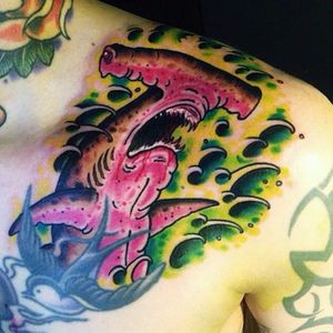 What's more terrifying than a shark? A zombie shark Tattoo by @tattoomagnus. #shark #hammerheadshark #neotraditional #zombie #tattoomagnus