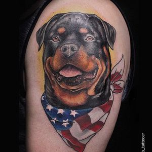Rottweiler and American flag bandanna by @seb_tattooer. #styledrealism #realism #colorrealism #dog #rottweiler #seb_tattooer