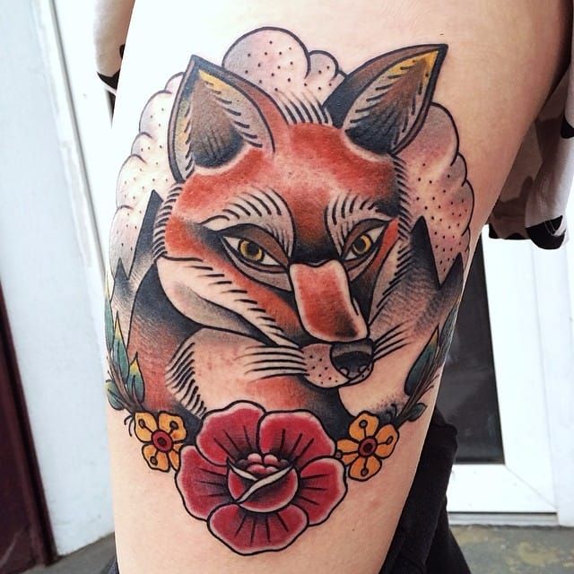 Tattoo uploaded by Tattoodo  Fox tattoo by Julia Campione JuliaCampione  foxtattoo foxtattoos fox kitsune animal nature color traditional  upperarm upperarmtattoo flower floral leaves  Tattoodo