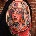 Helloooo Nurse! by Adam Warmerdam #adamwarmerdam #traditional #color #nurse #lady #portrait #pinup #cross #jewelry #rose #leaves #tattoooftheday