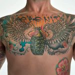 War veteran Jeff Slater's serenity tattoo #warink #exhibition #war #veteran #veterans #army #usarmy #soldier #chest #lettering #serenity #grenade #wings