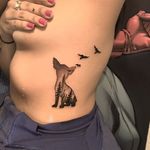 Black and grey chihuahua silhouette tattoo with a forest scene inset. Tattoo by Alexis Vargas. #chihuahua #blackandgrey #silhouette #birds #forest
