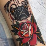 Pug n rose by Matt Cannon #MattCannon #color #traditional #petportrait #pug #dog #rose #leaves #nature #flower #dots #animal #tattoooftheday