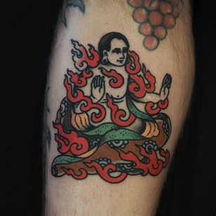 Siddhartha Gautama tattoo by Or Kantor #OrKantor #buddhisttattoos #color #traditional #buddha #buddhism #deity #spiritual #meditation #fire #floating #portrait #man #pattern #folktraditional