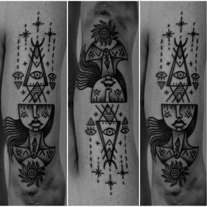 Lovely tattoo by Clara Teresa #ClaraTeresa #blackwork #dotwork #ancientsigns #woman