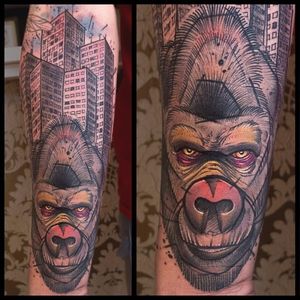 Gorilla tattoo by Tobias Burchert. #TobiasBurchert #traditionalartstyle #softpastel #contemporary #sketch #kingkong #gorilla #skyscraper #building
