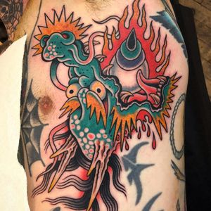 Dragon tattoo by Gregory Whitehead #GregoryWhitehead #greggletron #dragontattoos #color #dragon #tibetan #traditional #mashup #horns #blood #Tibet #rabbit #shells #clouds #fire #folklore #legend